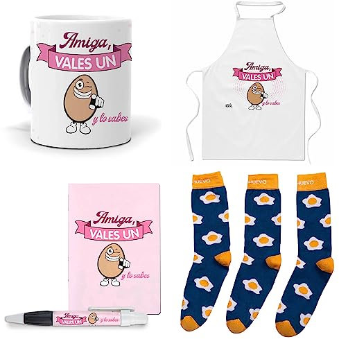 mundohuevo Que Regalar para Amigas. Amiga vales un Huevo. Taza,Delantal, libreta, boli y Trio de Calcetines