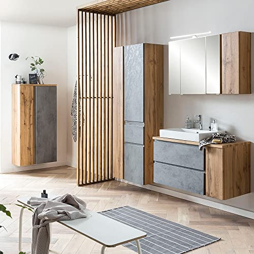 Lomadox Badezimmer Möbel Set mit Keramik-Aufsatzbecken Links und LED Beleuchtung, Wotan Eiche Nb. mit Beton Optik,