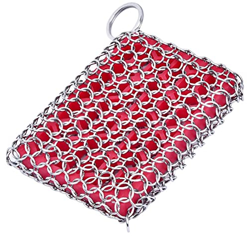 Rafornty Cast Iron Skillet Cleaner,316 Stainless Steel Chainmail Cleaning Scrubber Silicone Scrubber,for Kitchen (Red)