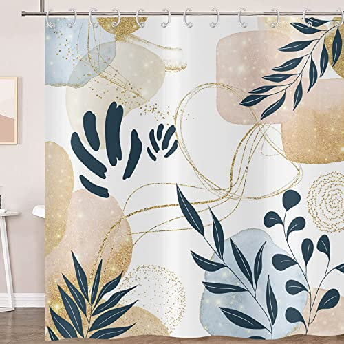 Hnmdmyi Rideau de Douche Boho 180x180, Feuilles abstraites Plante Rideau de Bain Mid Century Moderne Minimaliste Géométrique Esthétique Art Imperméable Tissu Lavable Rideau de Bain avec Crochets