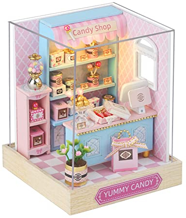 HJBHDOLL Miniaturgeschäft Puppenhaus mit Staubschutz, Holzmöbel, DIY-Puppenhaus-Set, LED-Licht, kreatives Zimmer, Teenager, Kinder, Geburtstagsgeschenk (Candy Shop)