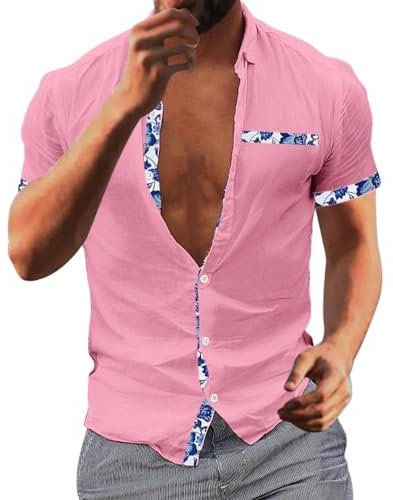 Minetom Chemisette Homme à Carreaux Plage Chemise Manches Courtes Business Slim Fit Carreaux Imprimé DéContracté Tops Lin Blouse avec Poche Poitrine A Rose XL