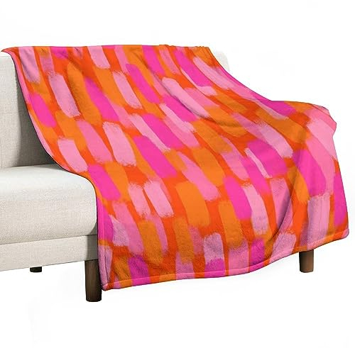 Abstrakte rosa und orange Pinsel Retro 70er Jahre Fleece Überwurfdecke weich gemütlich flauschig Flanell Überwürfe Decken für Couch Bett Sofa Wohnzimmer Schlafzimmer Heimdekoration, leichte flauschige