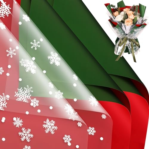 Whaline Geschenkpapier mit Weihnachtsblumen, zweifarbig, Rot, Grün, Blumenmuster, mit Schneeflocken, Zellophan, Floristen, Blumenstrauß, Geschenkpapier, 58,9 x 58,9 cm, 40 Stück
