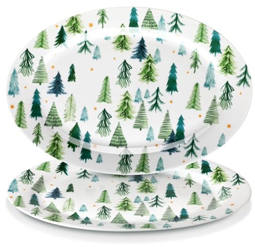 Kigley 2 Pcs Christmas Oval Ceramic Serving Platters 14 x 9 Watercolor Tree Platters for Xmas Winter Holiday Dinner