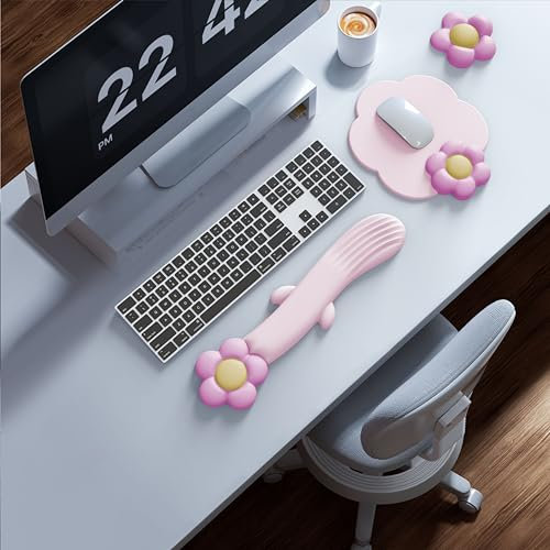 Tapis de souris ergonomique avec support de poignet en mousse à mémoire de forme pour clavier en forme de fleur, tapis de souris pour le canal carpien, soulagement de la douleur, base antidérapante