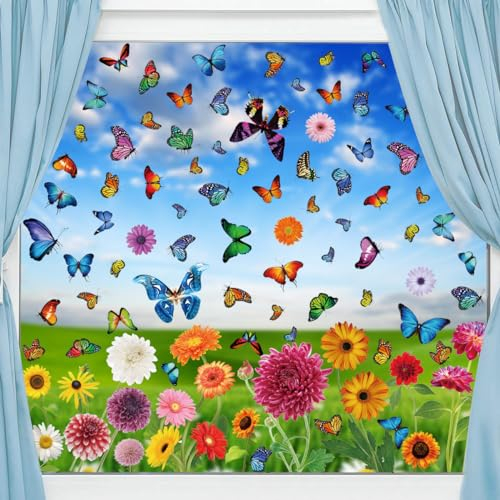 Fensterbilder Selbstklebend Fensterbilder Frühling Sommer Schmetterlinge Deko,Fensterbilder Frühling 9 Blätter Fenstersticker Frühling Ostern Selbstklebend Schmetterling Blumen Vogel Baum (C)