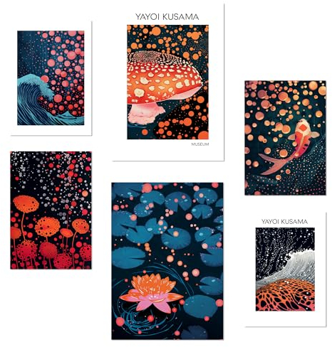Nacnic 6er-Set Yayoi Kusama Pilz Ola Japanische Dunkle Farben Poster mit Designillustrationen zur Dekoration der Wände Ihres Zuhauses. Räume, Büro, Laden und Geschäft Format A3 und A4 Rahmenlos