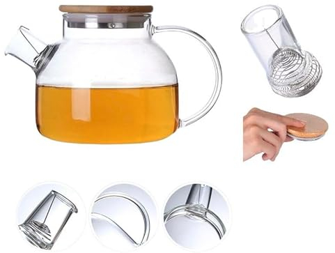 Home & Treat Glass Teapot 1000 ml with Filter Coil and Bamboo Lid | Clear Tea Kettle 1L, Tea Maker with Infuser Strainer for Loose Tea, Stovetop and Microwave Safe