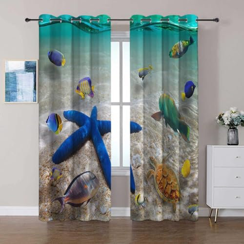 Vorhänge mit Ösen Unterwasser-Seestern-MeeresschildkröTe Gardinen Blickdicht 2er Set B110 x H215 cm Verdunklungsvorhänge Modern Dekoration Zuhause geeignet für Schlafzimmer, Wohnzimmer