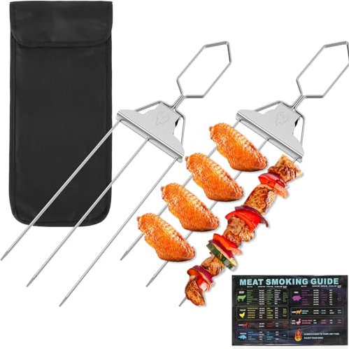 2Pcs 3 Way Grill Skewers with Handle,Stainless Steel 3-Prong BBQ Skewer Smooth Sliders Storage Bag,BBQ Grilling Skewers 3 Way Kabob Skewers Dishwasher Safe for Meat, Chicken, Sausages