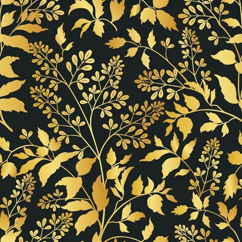 Yullpaper Papier Peint Autocollant Fleuri/Feuillage Rouleau Adhesif Decoratif Noir et Or Papier Adhesif pour Meuble Revetement Adhesif Meuble Vintage Papier Peint Adhesif Mural Cuisine 44,5cm x 300cm