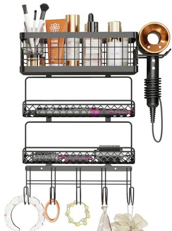 RoleDes Hair Tool Organizer Wall Mount Metal Hair Dryer Holder with 3 Tier Shelf Storage Wire Basket Hook, Hot Tools Organizer Cabinet Door Flat Iron Holder for Blow Dryer, Curling Iron, Straightener