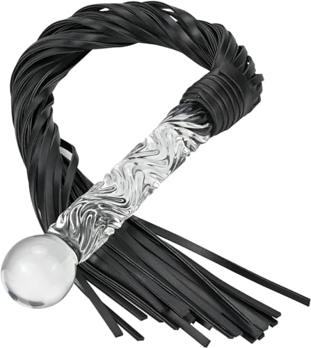 stoqucel Frusta in pelle con nappa nera con manico trasparente, frusta da equitazione, frusta equestre, frusta per giochi di ruolo di coppia