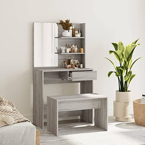 Fußbank Frisiertisch Set Frisiertisch Kosmetiktisch Schminktisch Schminktisch Spiegel für Frisiertisch mit Hocker und Schubladen Braun Eiche Optik 865 x 35 x 136 cm