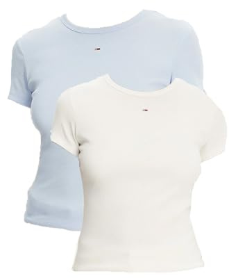 Tommy Jeans Damen 2er Pack T-Shirts Kurzarm Essential Rib Slim Fit, Mehrfarbig (Ecru/Sweet Blue), M