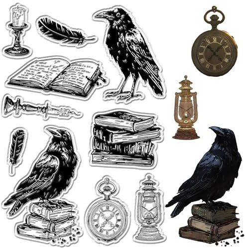 craspire Krähen Stempel Halloween Vintage Bücher Klarer Stempel Wiederverwendbar Feder Transparente Silikon Dekordichtungen Für Heimwerker Basteln Scrapbooking Grußkartenherstellung Fotoalbum
