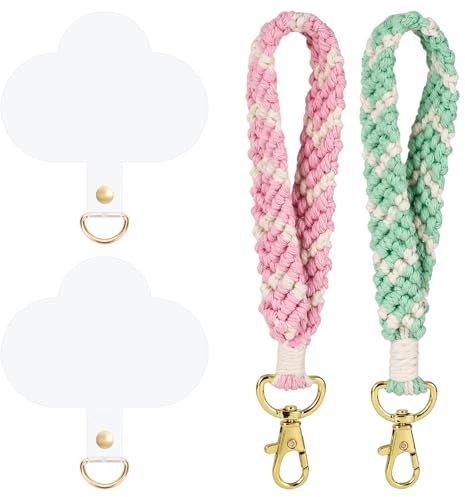 NQEUEPN 2pcs Dragonnes de Téléphone Tissées, avec 2pcs Languettes d'Attache de Téléphone Dragonne de Téléphone Portable avec Boucle Dynamique Porte Clés en Corde Bohème (Rose Clair, Vert Clair)