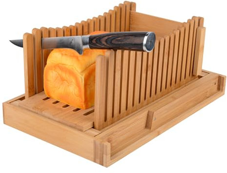 13.8 x 8.6 x 1.5 Bamboo Wood Foldable Bread Slicer Compact Thickness Adjustable Bread Slicing Guide with Crumb Catcher Tray for Homemade Bread, Loaf Cakes, Bagels