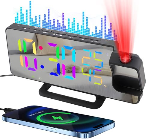 QKTYB Projection Alarm Clock with FM Radio, Projector Clocks Bedroom, 7.48 LED Digital Alarm Clock Bedside, Snooze, Temperature Humidity, 12/24H, Dual Alarm, 5 Brightness Dimmer, USB Charging Port