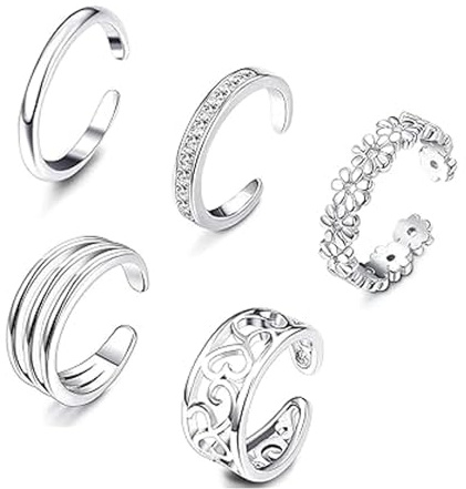 5 pcs 5 different Pcs Open Toe Rings Set for Women Girls Silver Simple Adjustable Knuckle Ring Foot Jewelry