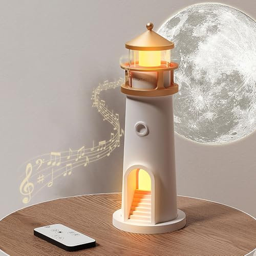 Décoration de Phare, Phare avec Lumière LED Lampe de Phare à Projection de Lune Balise avec Télécommande et Fonction Bluetooth, Cadeau de Noël Anniversaire Thanksgiving Saint-Valentin, 24 x 7 CM