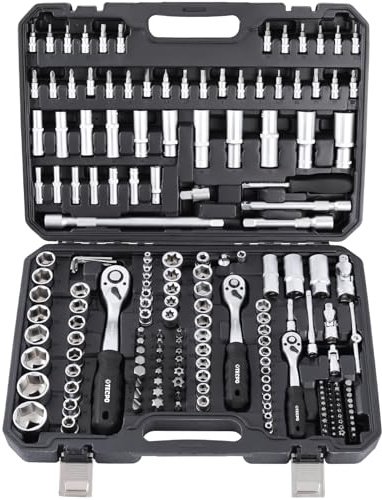TECPO Steckschlüssel-Satz 1/4, 3/8, 1/2 Antrieb, 192-tlg, feinverzahnte Knarren, aus Chrom-Vanadium-Stahl, umfangreiches Bit & Steckschlüssel Sortiment, für Montage, Reparatur & präzises Schrauben