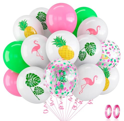 Hawaii Party Deko Ballons, 12 Zoll Pink Grün Weiß Tropical Flamingo Ananas Palmblätter Tropische Latex Luftballons für Mädchen Frauen Aloha Sommer Strand Thema Geburtstag Baby Shower Party Dekoration