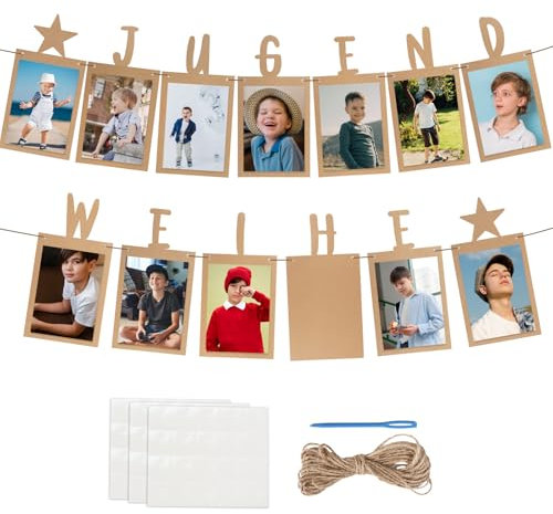 BETESSIN Jugendweihe Deko Neutral - Originelle Fotogirlande zur Jugendweihe - inkl. 13 Kraftpapier Karten für Fotos von 1 bis 13 Jahre - Hängende Wanddekoration für Junge & Mädchen
