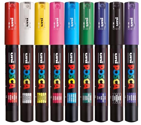 Posca - Standard PC-1M Acrylic Paint Pens (9pc), Multisurface Water Based Markers Ideal for Rock Painting, Canvas, Glass, Wood, Metal, Fabric, Colouring, Arts and Crafts, with 4 Stickers