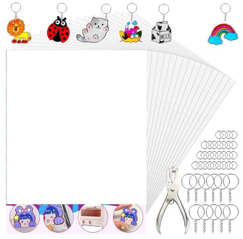 casstaly Sheets, 50 Stück Schrumpffolien, 100 Stück Schlüsselanhänger und 100 Offene Reifen für Kreative Bastelmarkierungen für Kinder, Schlüsselanhänger