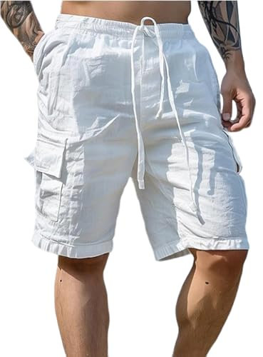 PADOLA Short Homme Coton Lin Bermuda avec 4 Poches Été Plage Cargo Shorts et Bermudas Taille Elastique Short de Travail Cordon de Serrage Uni Baggy Pantacourt Casual Décontracté (0 Blanc, XL)