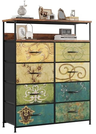 Nicehill Chest of Drawers, Dresser for Bedroom with 8 Drawers, Tall Storage Organizer Unit with 2-Layer Shelves, Large Storage Organizer Unit for Bedroom, Kids room, Living room, Closet(Retro Prints)