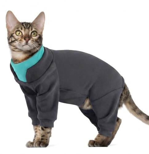 Hjumarayan Cat Onesie, Full Coverage Warm Fleece Jumper with Four-leg Sticky Hair Clothes, Soft Long Sleeve Cat Recovery Suit Stretchy Body Suit to Stop Licking, Grey L