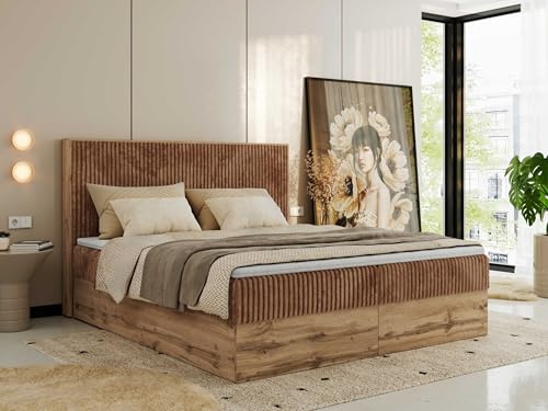 MKS MEBLE Boxspringbett 160x200 mit Bettkasten Holz Holzrahmen, Boxbett mit Matratze H3 und Kopfteil - Orange Cord - Wood Classic mit Topper T25
