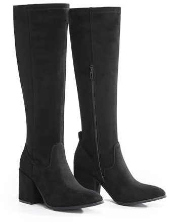VIVASHOES Women’s Knee High Heeled Boots – Faux Suede Long Boots with Chunky Heel & Side and Pull On Tab – Stylish Tall Winter Booties for Autumn & Winter Outfits - Black 8
