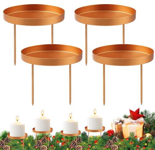 Kerzenhalter Adventskranz 8 cm Kerzenständer Gold 4 Stück Adventskerzenhalter Metall, Adventskranz Kerzenteller für Stumpenkerzen, Weihnachts Kerzenhalter Deko für Kranz, Tisch(Gold C)