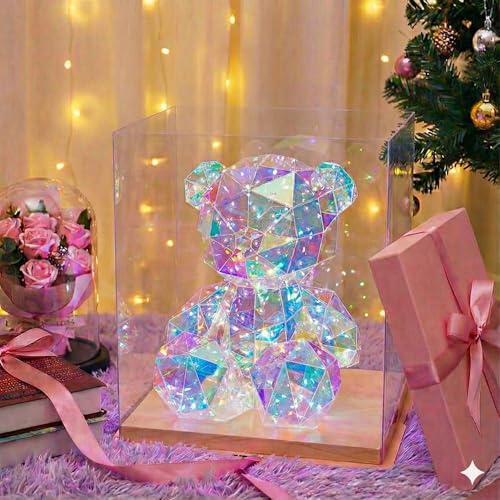 Night Light Holographic Teddy Bear, Unicorn and T-Rex, Light-Up Illuminated Plush with Gift Box, Nursery Decor (Teddy Bear, Small)