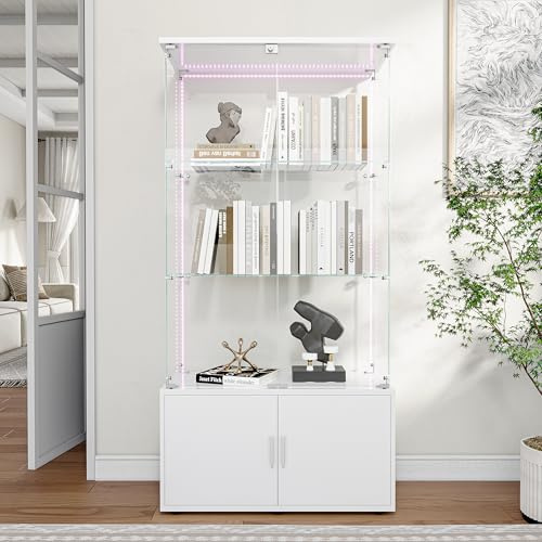 MIOOSUT Vetrina in vetro, 3 ripiani, armadio con luci a LED, con serratura e spazio nascosto, per camera da letto e soggiorno (bianco A, 78,5 x 35 x 164)