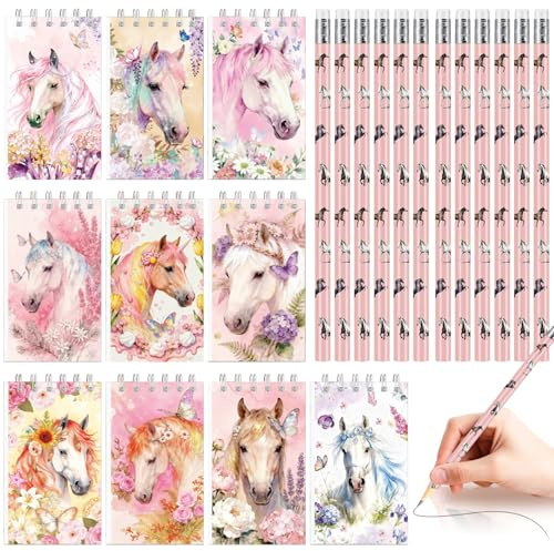 Mini bloc-notes motif chevaux - Contient 12 crayons et 10 blocs-notes | Carnet à spirales pour anniversaire de chevaux, carnet pour anniversaire de chevaux, cadeau de cheval
