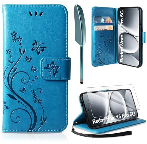 AROYI Lederhülle Kompatibel mit Xiaomi Redmi Note 15 Pro 5G (Nicht für 4G) Hülle und Schutzfolie, Flip Wallet Handyhülle PU Leder Case Schutzhülle Kompatibel mit Xiaomi Redmi Note 15 Pro 5G Blau