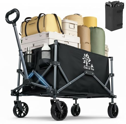 Oak & Tea 100L Bollerwagen Faltbar 110KG Tragkraft Bollerwagen Strand | Bollerwagen Mit Automatischem Rücksprunggriff, 360° Rädern, Getränkehaltern & Tasche, Für Camping Outdoor Garten Einkaufen