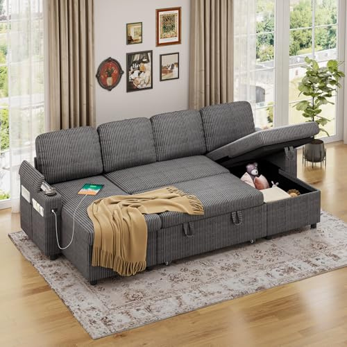 Jooli H Corner Sofa Bed, 3-in-1 Convertible Sleeper Sofa Couch with 6 Adjustable Backrest, Storage Armrest and USB Charge, 4 Seater Corduroy Pull Out U Shaped Sofa Bed for Living Room, Bedroom, Grey