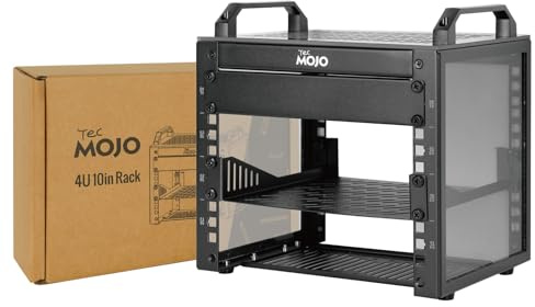 Tecmojo 10 Zoll 4U 200 mm Tiefe Desktop Mini Rack mit SBC Regal, Micro HDMl auf HDMI Adapterplatine, Blindplatte, für 25,4 cm AV, NAS und Serverausrüstung, Schwarz