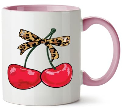Hippowarehouse Leopard Print Cherries with Bow Printed Mug Various Colour Options Ceramic Cup Kitchenware 11oz