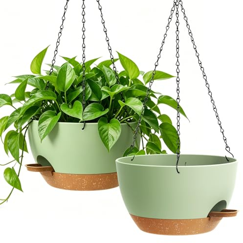 WSMKSZ 33cm Large Self Watering Hanging Baskets, 2 Pack Hanging Planters | Plastic Hanging Flower Plant Pots Indoor Outdoor with Drainage Holes & Deep Reservoir, for Balcony Porch Patio, White Brown