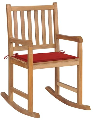 Keeushr Schaukelstuhl aus Massivholz Teak mit Rotem Kissen für Innen und Außen, Technisch Getrocknet und Geschliffen, Lattendesign Rückenlehne und Sitzfläche, Bequemer Relaxsessel
