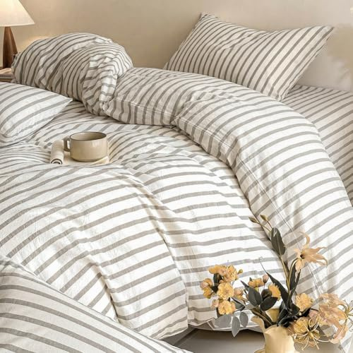 AShanlan Bettwäsche 155x220 Baumwolle Grau Weiß Gestreift Bettwäsche-Sets | Bettbezug 155x220 mit Kissenbezug 80x80 cm, ÖKO-TEX Leinenoptik Gewaschene Baumwolle Bettwäsche mit Reißverschluss