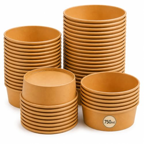 Pack of 50 Kraft Paper Salad Bowls Without Lids, 750ml | Leak-Resistant Eco-Friendly Disposable Takeaway Food Containers for Salad, Pasta, Noodles, Rice, Meal Prep, Hot & Cold Foods
