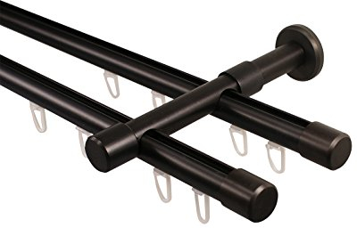 iso-design Gardinenstange Innenlauf 2-läufig schwarz 20 mm Durchmesser, Wandmontage, Gardinenstangenkomplettset aus Metall mit Wandhaltern und Endstück Kappe, 180 cm